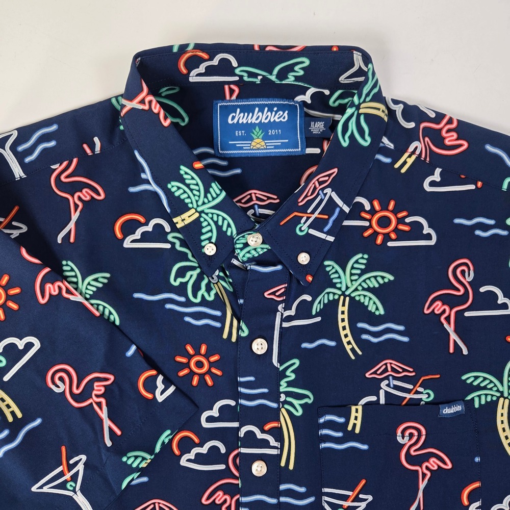 Chubbies Shirt Mens XL Navy Blue Neon Flamingo Tropical Palm Tree Summer Button